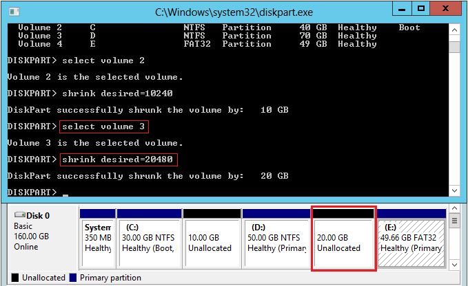 Partição D diminuída