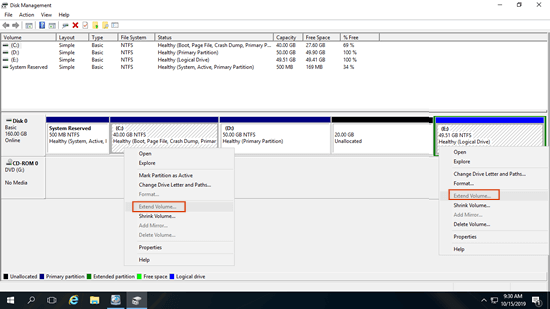 Não é possível estender o volume