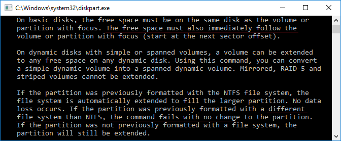 Limitações do diskpart extend