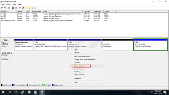 Estender Volume desativado