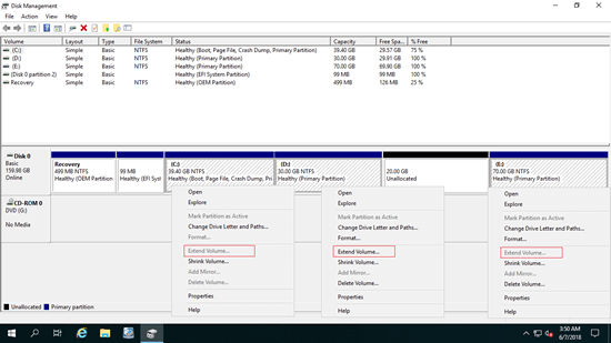 Estender Volume desabilitado