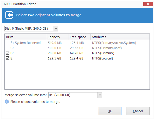Selecione o volume para mesclar